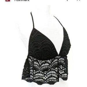 TOBI Bohemian Festival Crochet Lace Sexy Halter Tie Back Top small